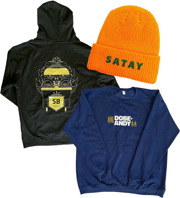 Satay Brothers and Dobe & Andy custom printed and embroidered shirts and hat